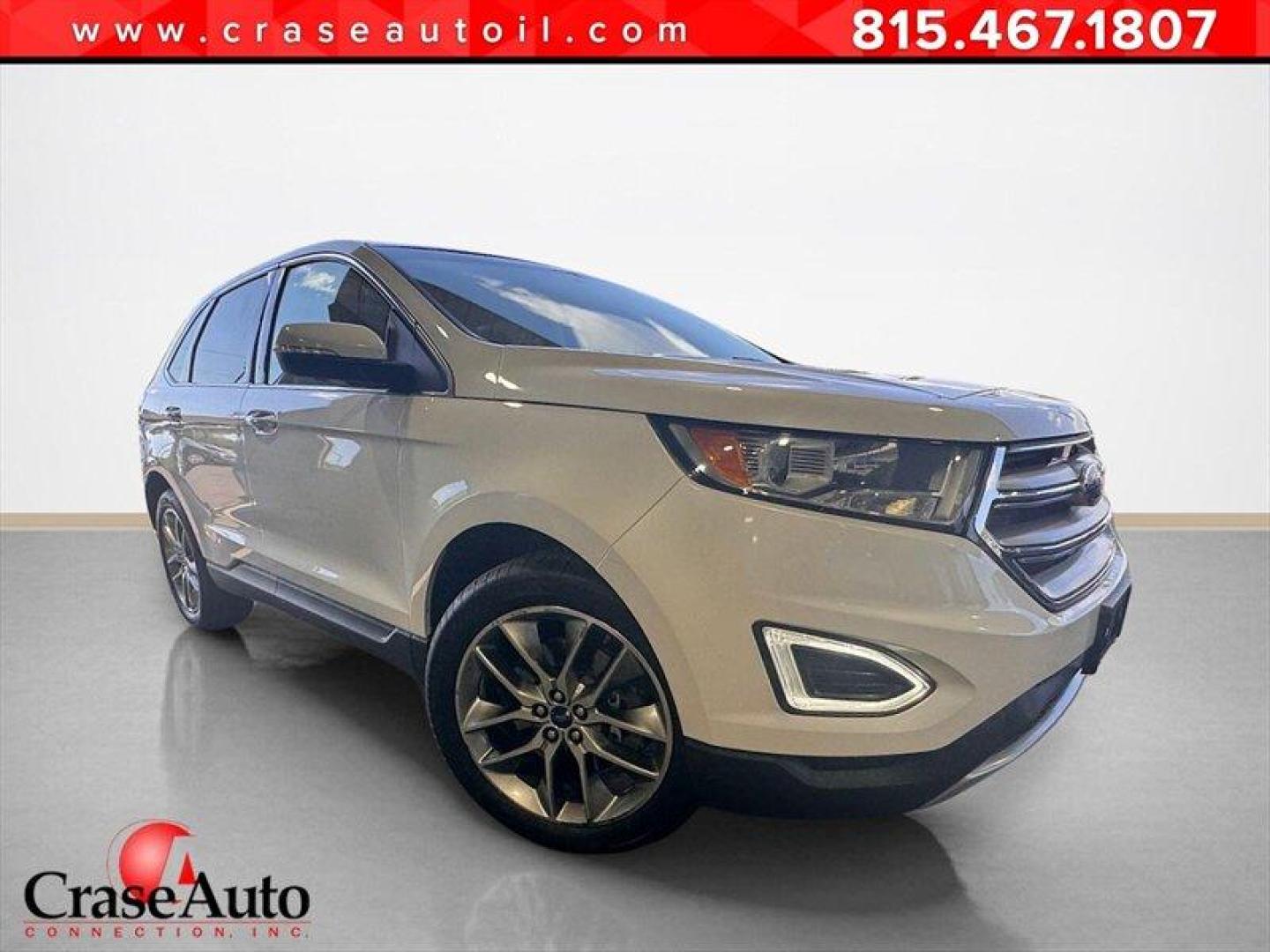 2015 White Platinum Metallic Tri-Coat Ford Edge Titanium (2FMTK4K8XFB) with an 3.5L V6 280hp 250ft. lbs. engine, Automatic transmission, located at 25355 Eames Street, Channahon, IL, 60410, (815) 467-1807, 41.429108, -88.228432 - Introducing the sophisticated 2015 Ford Edge Titanium, a remarkable SUV that seamlessly combines power and elegance. Equipped with a robust 3.5L V6 engine delivering 280hp and 250ft. lbs. of torque, this vehicle offers a dynamic driving experience. The factory default features of this Ford Edge Tit - Photo#0
