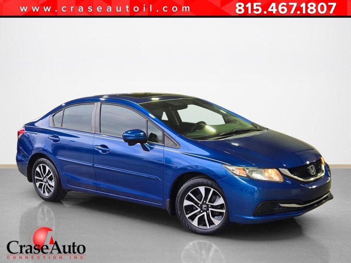 2015 Dyno Blue Pearl Honda Civic EX (19XFB2F81FE) with an 1.8L I4 143hp 129ft. lbs. engine, Automatic transmission, located at 25355 Eames Street, Channahon, IL, 60410, (815) 467-1807, 41.429108, -88.228432 - 2015 Honda Civic EX Dyno Blue Pearl exterior, Gray interior. Powered by Hondas 1.8L i4 engine producing 143 hp and 129 lb-ft of torque, this Civic delivers a balanced combination of efficiency and everyday performance. It averages excellent fuel economy at an EPA-rated 30 MPG city and 39 MPG highwa - Photo#0